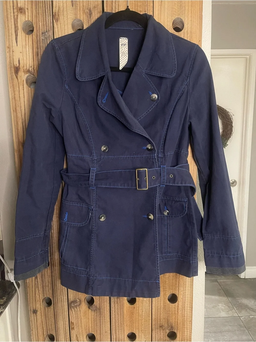 Free People Navy Double-Breasted Belted Trench